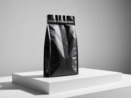 Black paper doypack placed on podium on empty background. photo