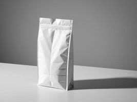 White paper doypack placed on podium on empty background. photo
