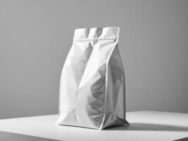 White paper doypack placed on podium on empty background. photo