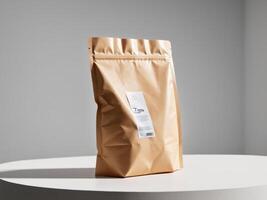 brown cream paper doypack placed on a podium on an empty background. photo