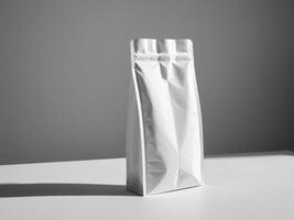 White paper doypack placed on podium on empty background. photo