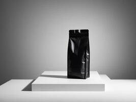 Black paper doypack placed on podium on empty background. photo