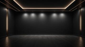 The interior of the auditorium is empty with golden black walls and floors. photo