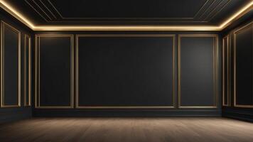 The interior of the auditorium is empty with golden black walls and floors. photo
