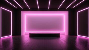 The interior of the auditorium is empty with the walls and floor decorated with pink neon lights. photo