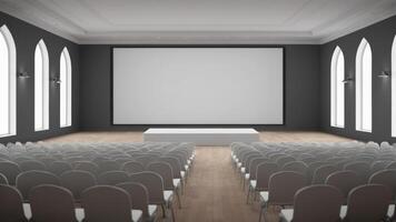 Interior of empty auditorium room with white walls and wooden floor. photo