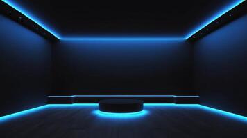 The interior of an empty auditorium with walls and floors decorated with blue neon lights. photo