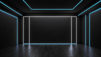 The interior of an empty auditorium with walls and floors decorated with blue neon lights. photo