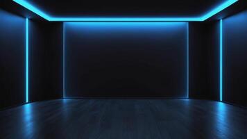 The interior of an empty auditorium with walls and floors decorated with blue neon lights. photo