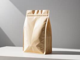 cream paper doypack placed on a podium on an empty background. photo