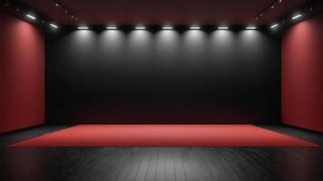 The interior of the empty auditorium with black and red walls and floors. photo