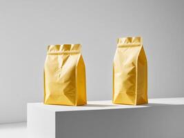 yellow paper doypack placed on a podium on an empty background. photo