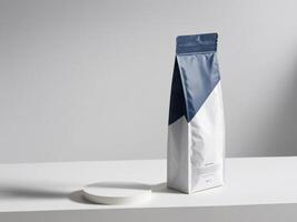 navy blue paper doypack placed on a podium on a blank background. photo