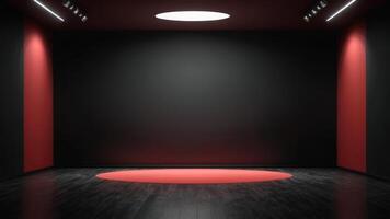 The interior of the empty auditorium with black and red walls and floors. photo