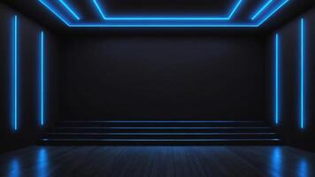 The interior of an empty auditorium with walls and floors decorated with blue neon lights. photo