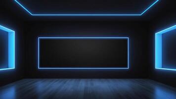 The interior of an empty auditorium with walls and floors decorated with blue neon lights. photo