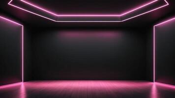 The interior of the auditorium is empty with the walls and floor decorated with pink neon lights. photo