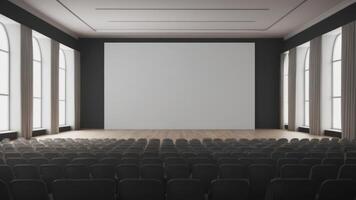 Interior of empty auditorium room with white walls and wooden floor. photo