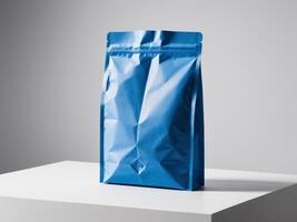 Blue paper doypack placed on podium on empty background. photo