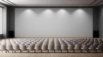Interior of empty auditorium room with white walls and wooden floor. photo
