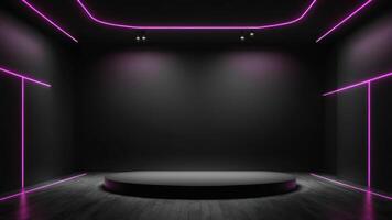 The interior of the auditorium is empty with the walls and floor decorated with pink neon lights. photo