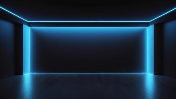 The interior of an empty auditorium with walls and floors decorated with blue neon lights. photo