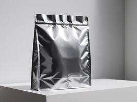 silver paper doypack placed on a podium on a blank background. photo