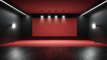 The interior of the empty auditorium with black and red walls and floors. photo