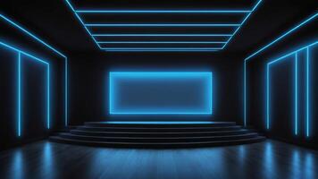 The interior of an empty auditorium with walls and floors decorated with blue neon lights. photo