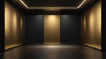 The interior of the auditorium is empty with golden black walls and floors. photo