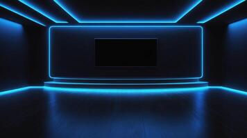 The interior of an empty auditorium with walls and floors decorated with blue neon lights. photo