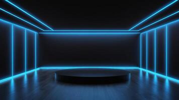 The interior of an empty auditorium with walls and floors decorated with blue neon lights. photo