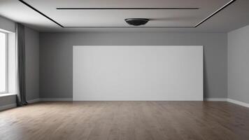 Interior of empty auditorium room with white walls and wooden floor. photo