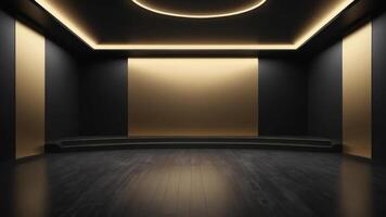 The interior of the auditorium is empty with golden black walls and floors. photo