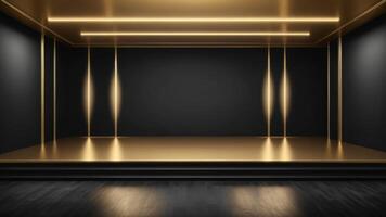 The interior of the auditorium is empty with golden black walls and floors. photo