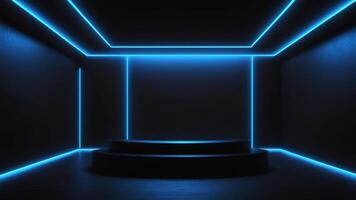 The interior of an empty auditorium with walls and floors decorated with blue neon lights. photo