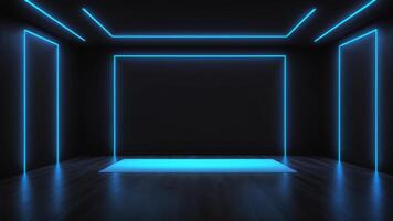The interior of an empty auditorium with walls and floors decorated with blue neon lights. photo