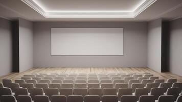 Interior of empty auditorium room with white walls and wooden floor. photo