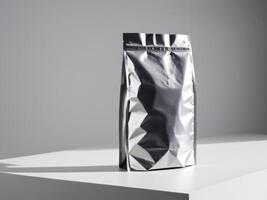 silver paper doypack placed on a podium on a blank background. photo