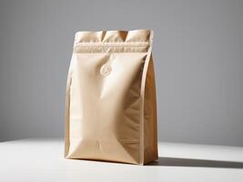cream paper doypack placed on a podium on an empty background. photo