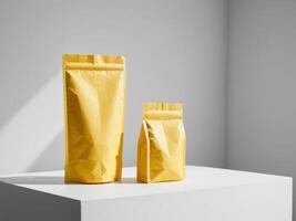 yellow paper doypack placed on a podium on an empty background. photo
