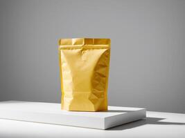 yellow paper doypack placed on a podium on an empty background. photo