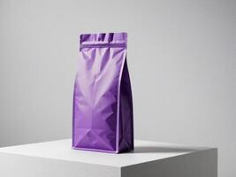 purple paper doypack placed on a podium on an empty background. photo