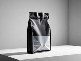 Black paper doypack placed on podium on empty background. photo