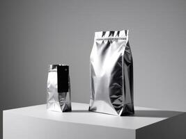 silver paper doypack placed on a podium on a blank background. photo