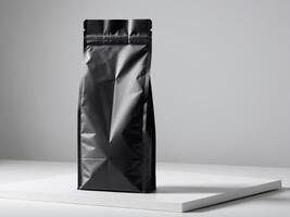 Black paper doypack placed on podium on empty background. photo
