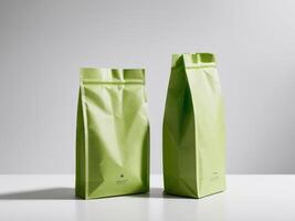 Green paper doypack placed on podium on empty background. photo