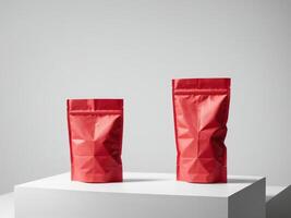 red paper doypack placed on a podium on an empty background. photo