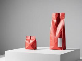 red paper doypack placed on a podium on an empty background. photo
