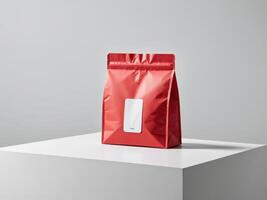 red paper doypack placed on a podium on an empty background. photo